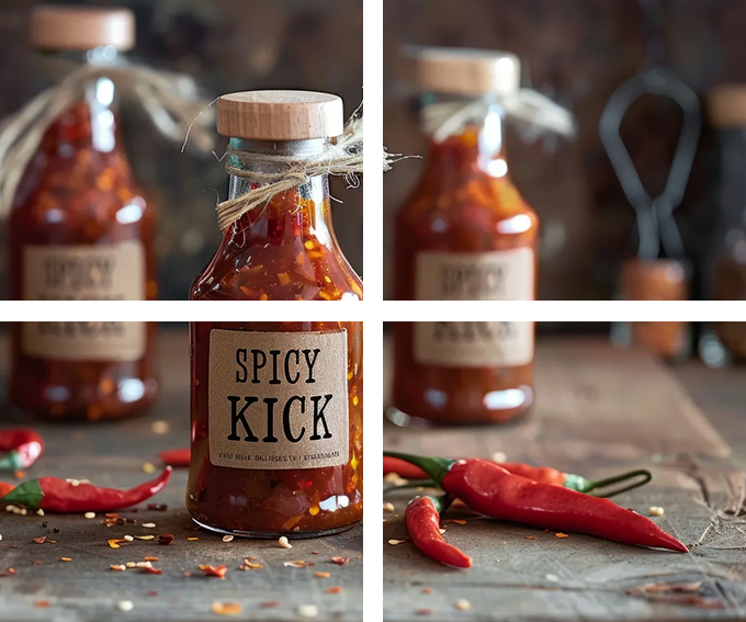 A group of bottles filled with chili sauce.