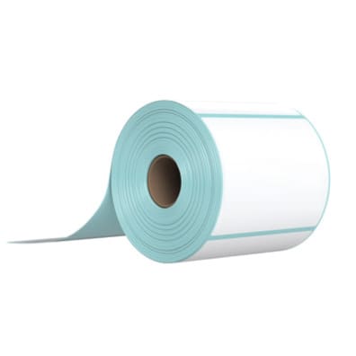 A roll of paper with blue border on top.